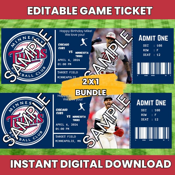 Instant Download Editable Printable Twins Ticket Game Twins Invitation, Twins Editable Gift, Minnesota Twins Ticket Minnesota Twins Birthday