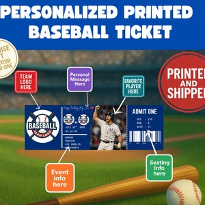 Physisches Baseballticket Baseball kundenspezifisches personalisiertes Spielticket-Veranstaltungs-Andenken-Baseballspiel-Einladung Baseball-Geburtstags-Baseballticket