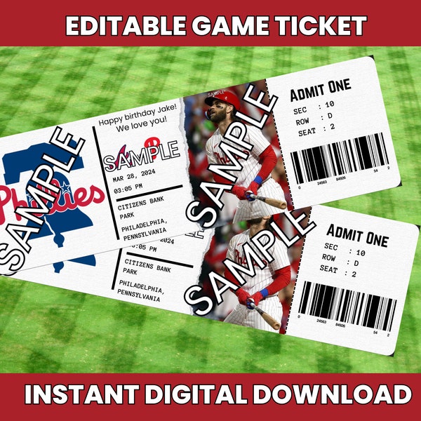 Instant Download, Phillies Ticket Game, Baseball Ticket, Baseball Editable Ticket, Philadelphia Phillies Ticket Editable, Phil Ticket