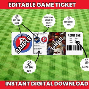 May include: A digital baseball game ticket design with editable fields for team logos, personal messages, and seating information. The ticket features a baseball player image and the text "SAMPLE" in multiple locations. The background is a green field.