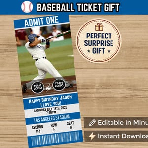 Baseball Ticket Gift, Fake Baseball Ticket, Custom Baseball Birthday Gift, Editable Sports Ticket, Printable Digital Download, Gift for Him