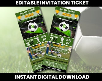 May include: Editable soccer-themed birthday party invitation ticket with green and white color scheme. The ticket features a soccer ball, a soccer player, and the text "You are Invited! Mike is turning 8".