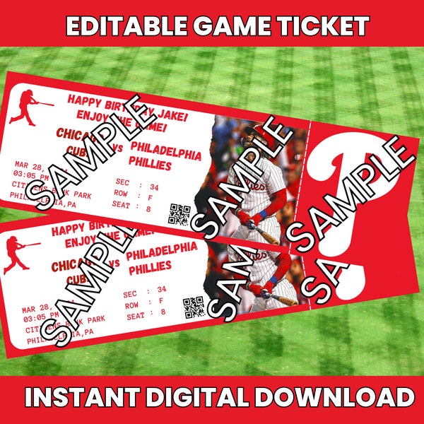 Instant Download, Phillies Ticket Game, Baseball Ticket, Baseball Editable Ticket, Philadelphia Phillies Ticket Editable, Phil Ticket