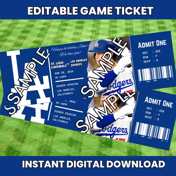 Instant Download Printable, Dodgers Ticket Game, Baseball Ticket, Baseball Editable Ticket, Los Angeles Dodgers Ticket, Dodger Invitation