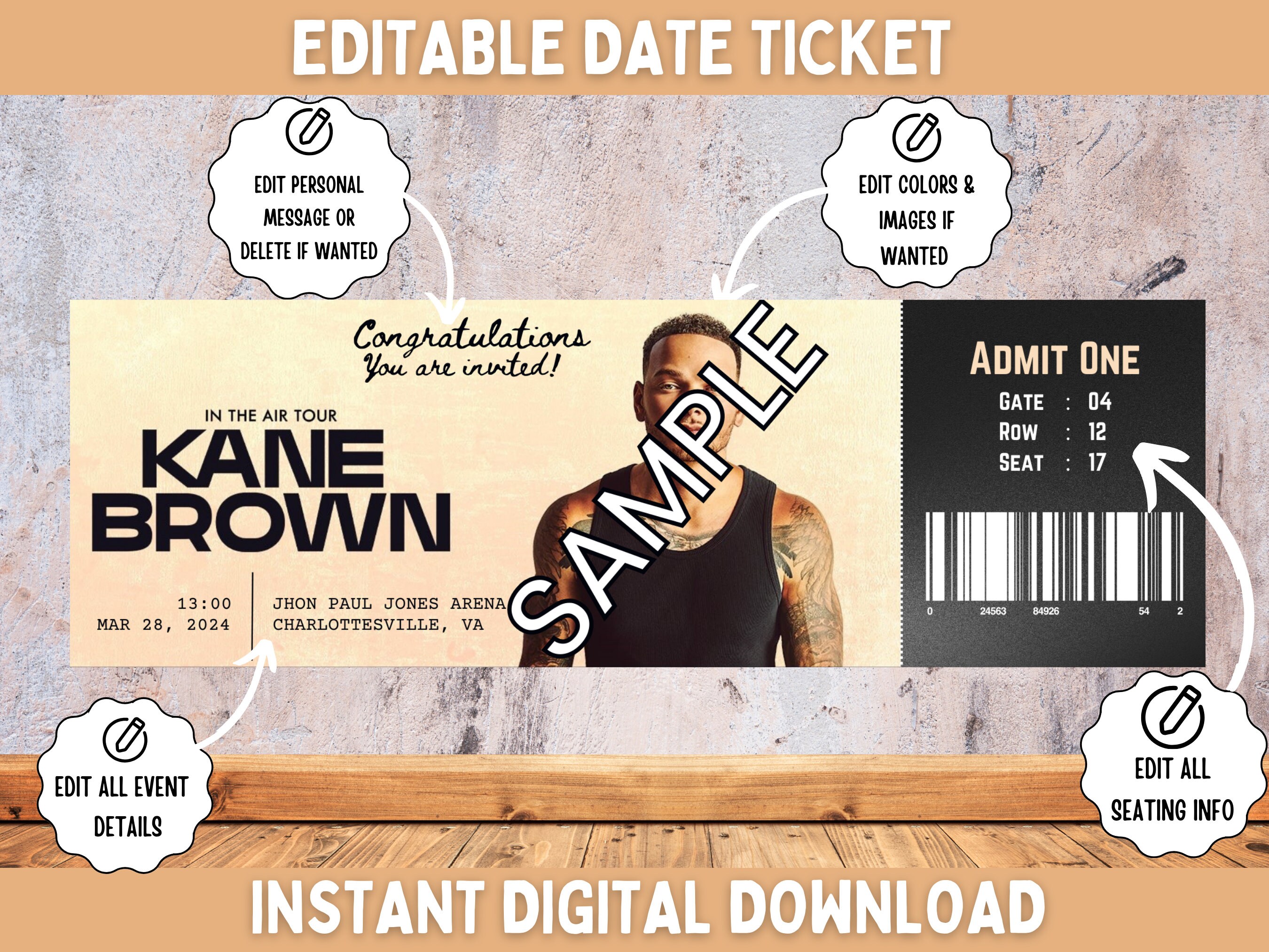 Instant Download Editable Printable Editable Ticket Kane Brown in the ...
