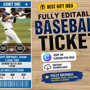 May include: A digital baseball ticket template featuring a blue and white design with a photo of a baseball player swinging a bat. The text includes ADMIT ONE, HAPPY BIRTHDAY JASON I LOVE YOU, LOS ANGELES STADIUM, and placeholders for team logos.