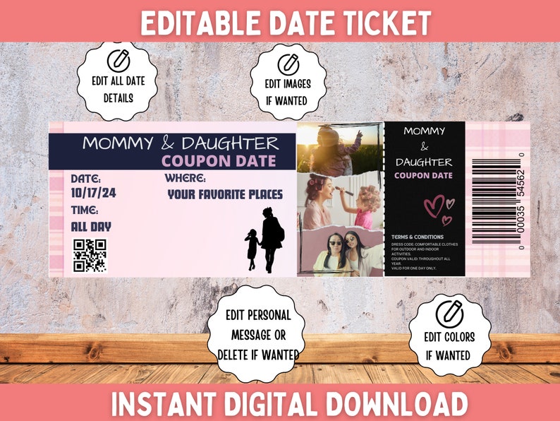 Editable Ticket Mom and Daughter Gift, Personalized Ticket Date, Editable Printable, Mommy ...