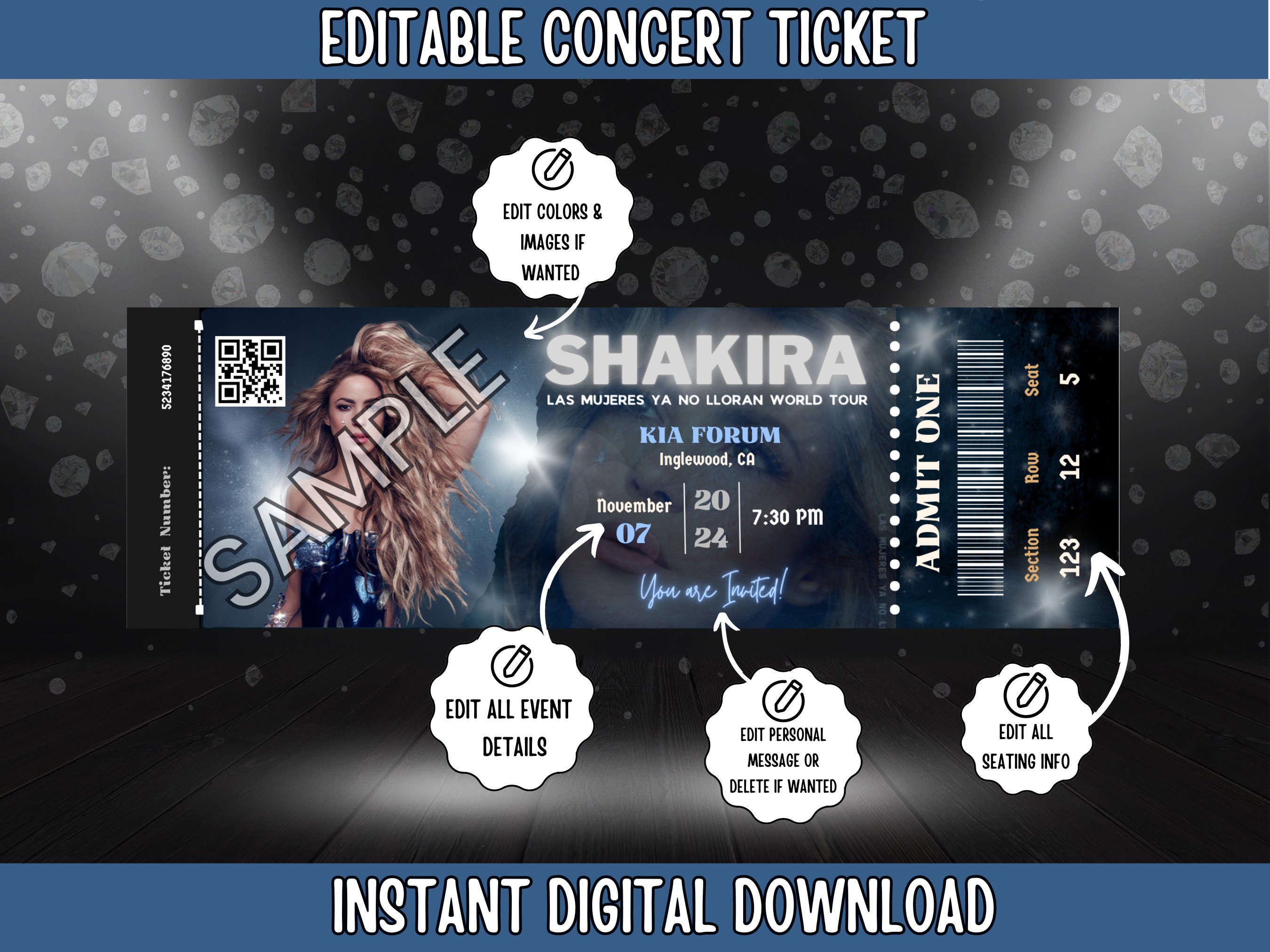 Instant Download Printable Editable Shakira Ticket Concert Tour, Las