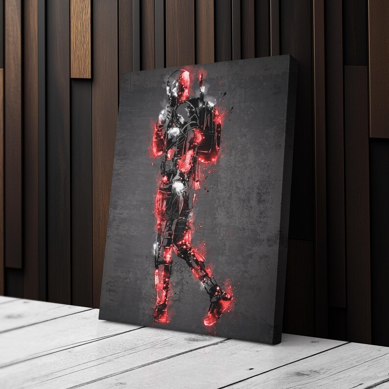 K&ouml;nnte beinhalten: Leinwanddruck mit einer stilisierten Illustration einer Figur in einem futuristischen Anzug, mit roten und wei&szlig;en Akzenten vor einem dunkelgrauen Hintergrund. Das Kunstwerk hat eine dynamische Pose.