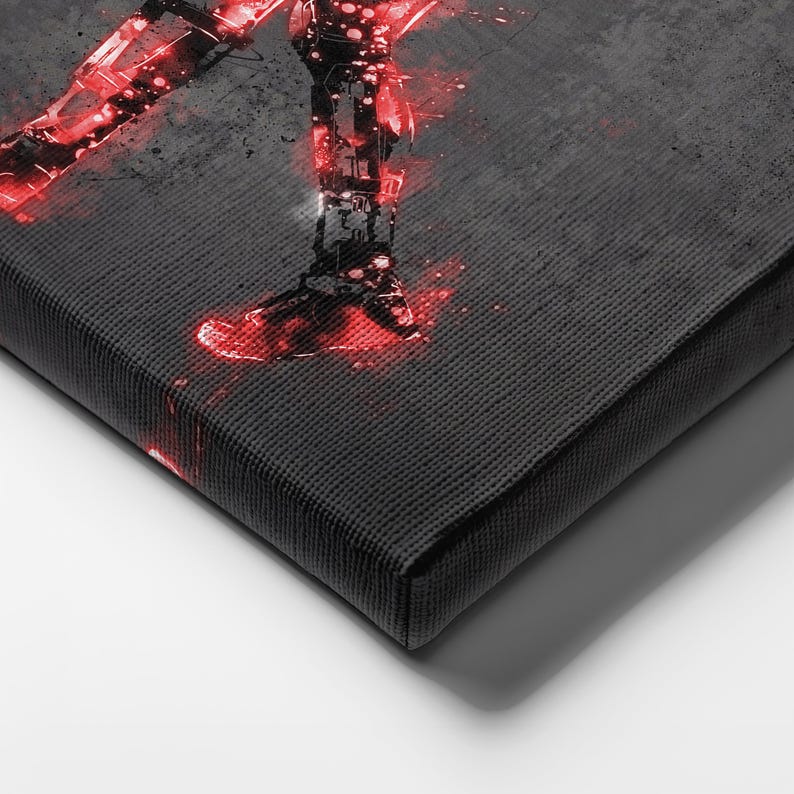 K&ouml;nnte beinhalten: Leinwanddruck mit einer digital erstellten Figur in Bewegung. Die Figur ist in Rot und Schwarz vor grauem Hintergrund dargestellt, mit einer strukturierten Leinwandoberfl&auml;che. Das Kunstwerk hat einen modernen, abstrakten Stil.