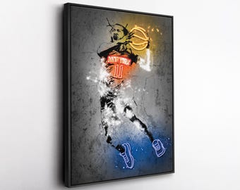 Jalen Brunson New York Knicks Neon Splatter Canvas Wall Art, Basketball Graffiti Print, Urban Sports Decor, Man Cave Gift