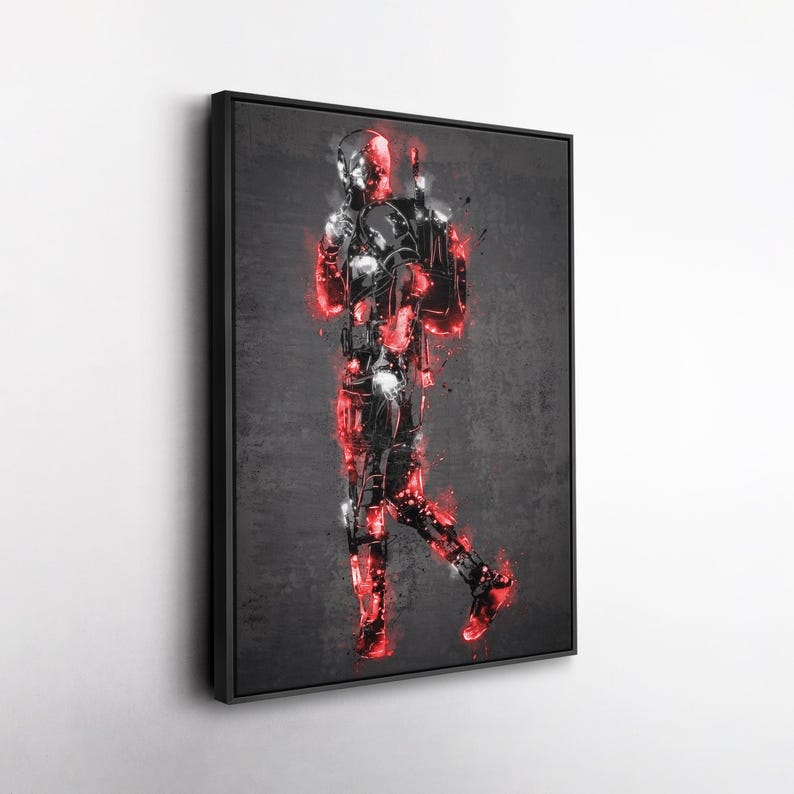 K&ouml;nnte beinhalten: Gerahmtes Kunstwerk mit einer stilisierten Darstellung einer Figur in einem schwarz-roten Anzug vor einem dunkelgrauen Hintergrund. Das Kunstwerk verwendet einen Spritzeffekt, um ein dynamisches und energiegeladenes Gef&uuml;hl zu erzeugen. Die Figur h&auml;lt eine Waffe.