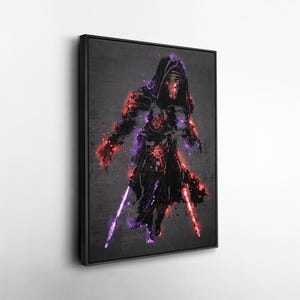 May include: Framed artwork depicting a figure in dark armour with a hooded cloak. The artwork uses red and purple accents to highlight the figure and two lightsabers. The background is a dark grey.