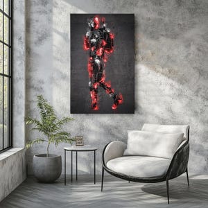 K&ouml;nnte beinhalten: Leinwanddruck mit einer stilisierten Figur in Gehpose. Das Kunstwerk verwendet Schwarz, Wei&szlig; und Rot, wobei die roten Elemente zu leuchten scheinen. Der Hintergrund ist dunkelgrau, und der Gesamteffekt ist modern und dynamisch.