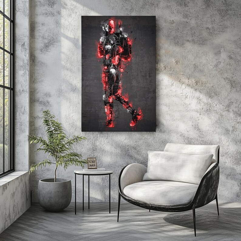 K&ouml;nnte beinhalten: Leinwanddruck mit einer stilisierten Figur in Gehpose. Das Kunstwerk verwendet Schwarz, Wei&szlig; und Rot, wobei die roten Elemente zu leuchten scheinen. Der Hintergrund ist dunkelgrau, und der Gesamteffekt ist modern und dynamisch.