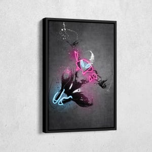 May include: A framed artwork featuring a stylized illustration of a superhero in a dynamic pose. The figure is rendered in black and white with vibrant neon pink and blue accents. The artwork is set against a textured gray background.