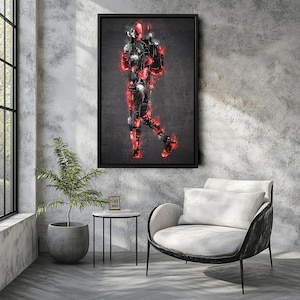 K&ouml;nnte beinhalten: Abstrakter Kunstdruck einer Figur in Schwarz und Rot. Das Kunstwerk ist in einem schwarzen rechteckigen Rahmen gerahmt und h&auml;ngt an einer grauen Wand. Die Figur hat rote, leuchtende Akzente, die einen auff&auml;lligen visuellen Effekt erzeugen.