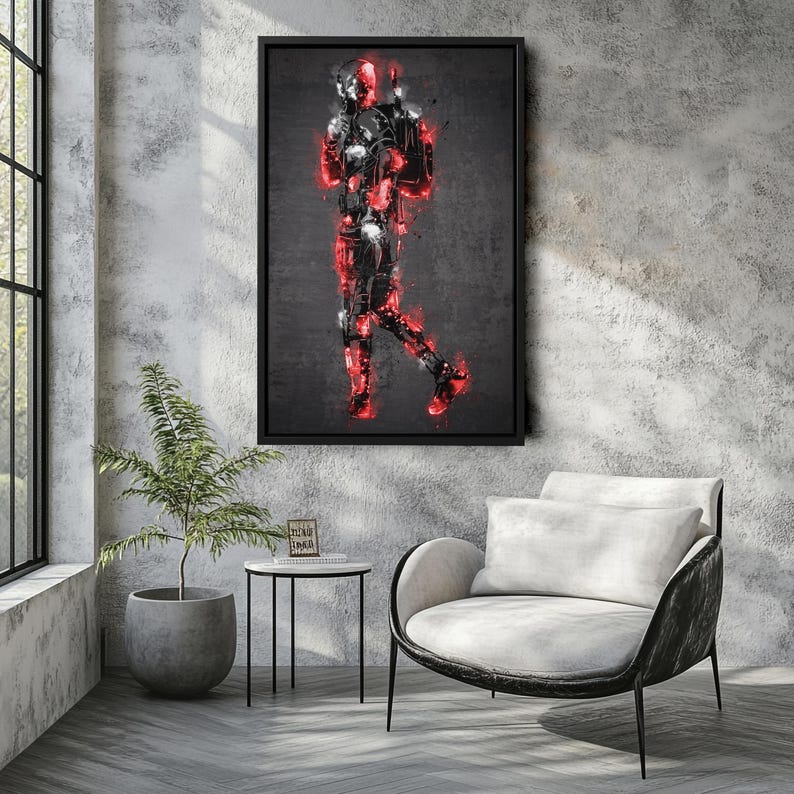 K&ouml;nnte beinhalten: Abstrakter Kunstdruck einer Figur in Schwarz und Rot. Das Kunstwerk ist in einem schwarzen rechteckigen Rahmen gerahmt und h&auml;ngt an einer grauen Wand. Die Figur hat rote, leuchtende Akzente, die einen auff&auml;lligen visuellen Effekt erzeugen.