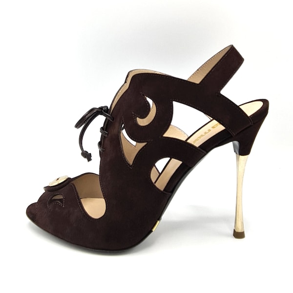 Brown suede high heel sandals. Heel with gold chromed steel pin. Upper, lining and sole in genuine leather. Handmade in Italy