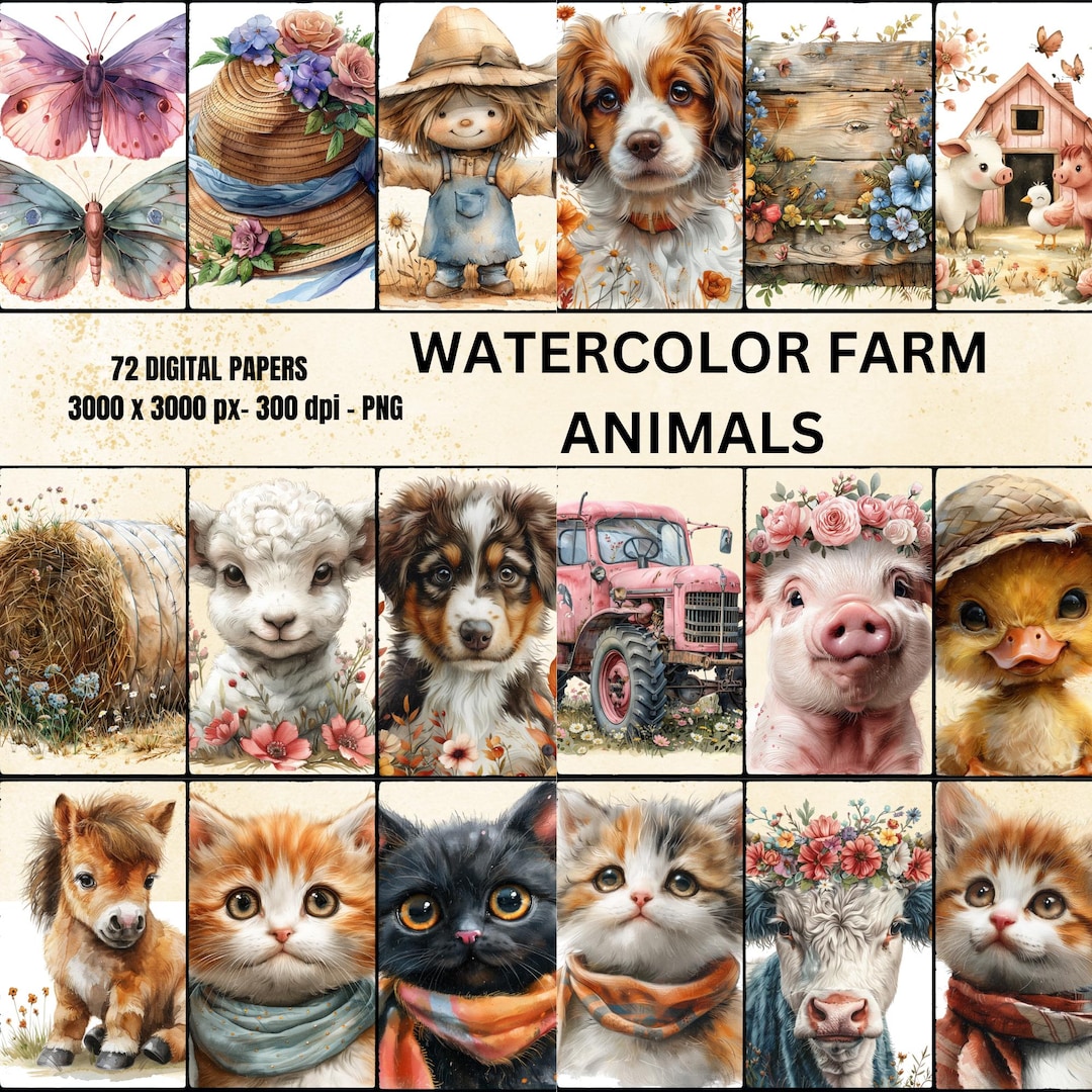 72 Kawaii Farm Animals Watercolor Clipart Bundle – Cute Pastel Barnyard ...