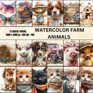 May include: A set of 72 digital papers featuring watercolor illustrations of farm animals. The papers are 3000 x 3000 pixels and 300 dpi. The images include a pig, a duck, a cow, a sheep, a horse, a cat, and a dog.