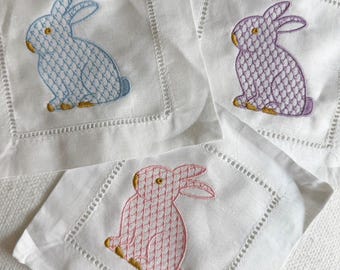 Herend Easter Bunny Custom Embroidered Linen Cocktail Napkins Set of 5 Pastels