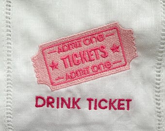 Embroidered Linen Cocktail Napkins | Pink Drink Ticket Design, Bachelorette Party Decor