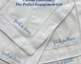 Custom Embroidered Linen Cocktail Napkins, Engagement Gift Set