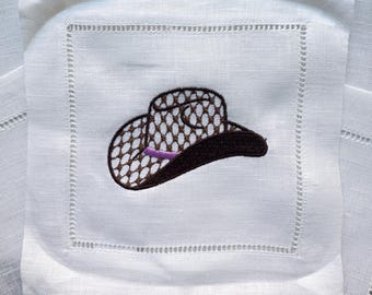 Herend Cowboy Hat Custom Embroidered Linen Cocktail Napkins Set of 4 or 6