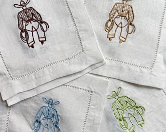Servilletas de cóctel de lino bordadas personalizadas de los Herend Cowboys, juego de 4 o 6 unidades