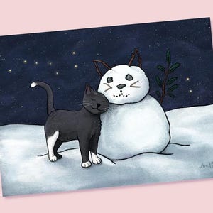 gatti delle nevi - set di 5 cartoline di auguri A6 - gatto che si coccola con un pupazzo di neve a forma di gatto - Natale, Capodanno, Hanukkah o compleanno invernale
