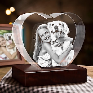 Custom 3D Crystal Pet & People, Gift for Mother, Pet Memorial Keepsake, Night Light, Laser Etched Portrait | BridgensLaser 3D Photo