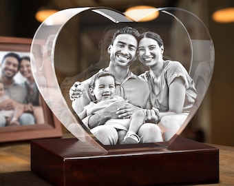 Recuerdo fotográfico Corazón de Cristal — Retrato familiar grabado con láser, regalo personalizado para abuela y mamá, luz nocturna para decoración del hogar