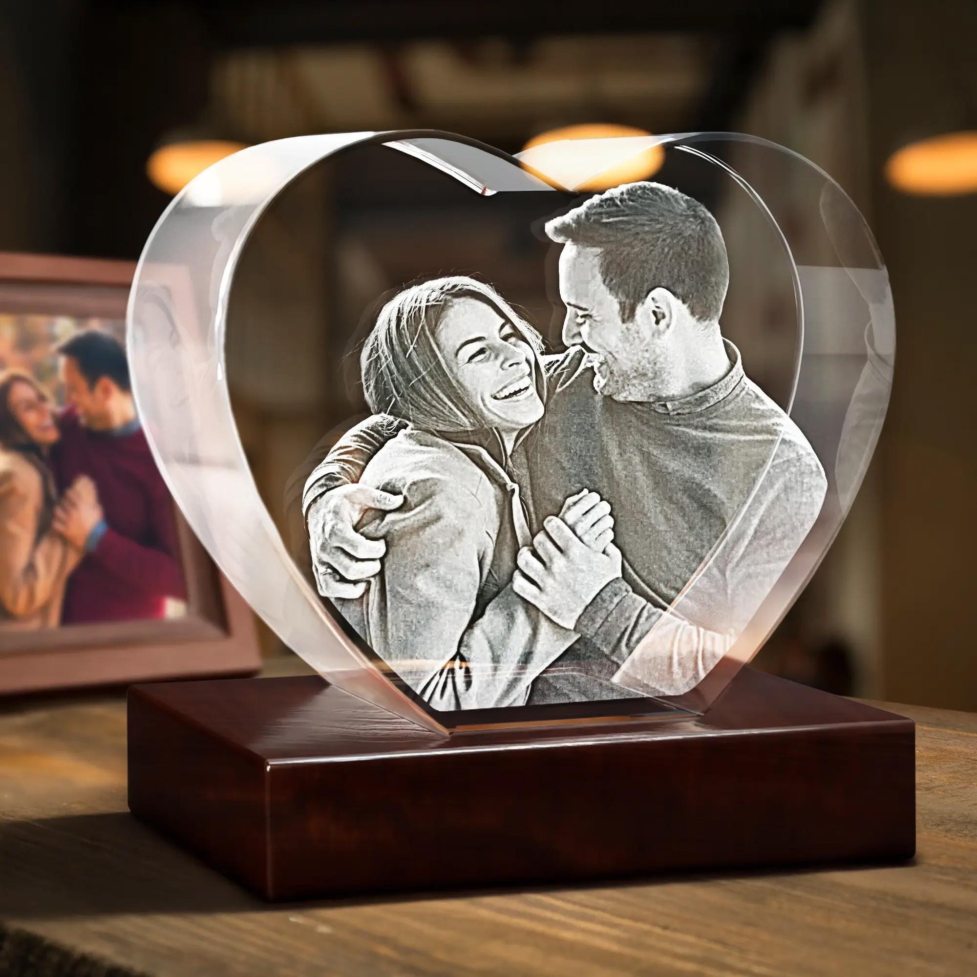 Custom Photo Crystal Heart - Laser Etched Anniversary Portrait Gift, Wedding Keepsake Night Light, Personalized Couple Gift