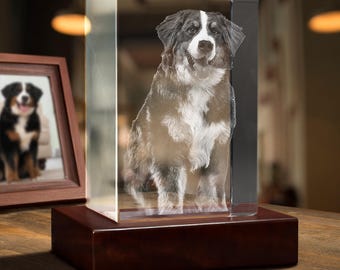 Personalized Dog Portrait Crystal Keepsake — Laser Etched Pet Photo Night Light, Pet Memorial Gift, Cat Lover, Sympathy Loss