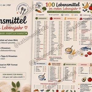 以下が含まれることがあります： 100 Lebensmittel im ersten LebensjahrというタイトルのA4デジタルPDFチェックリスト。100種類の離乳食がカテゴリー別に記載され、チェックボックスが付いています。野菜、果物、穀物、タンパク質の小さなカラフルなアイコンで装飾されています。