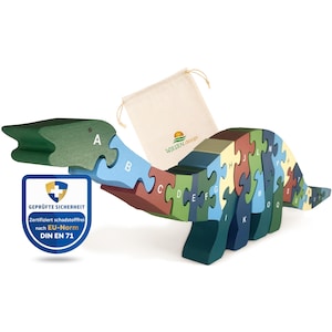 Puzle de letras Dino, testado DIN EN71, juguete Montesorri a partir de 3 años, aprender el abecedario, puzle de madera infantil, juguete de motricidad, puzle ABC