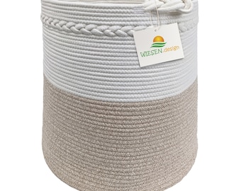 Cesta Knut Ø41xH46 cm marrón claro/blanco/61 L, cesta de almacenamiento de algodón, cesta tejida, cesta plegable para la colada, recogedor de ropa