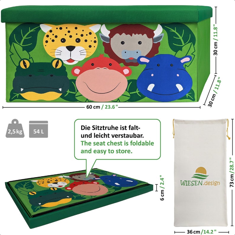 Kindersitztruhe Dschungel, faltbar, inkl. Baumwollsack, Spielzeugkiste mit Deckel, Spielzeug Aufbewahrung, Aufbewahrungsbox Kinder Bild 4
