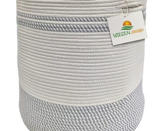 Cesto Ben Ø41xA46cm cinza claro/branco/61L, cesto de roupa suja trançado de algodão, coletor de roupa suja, cesto de armazenamento grande, cesto trançado