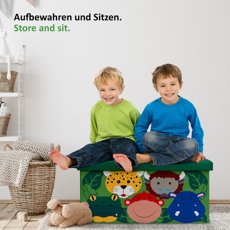 Kindersitztruhe Dschungel, faltbar, inkl. Baumwollsack, Spielzeugkiste mit Deckel, Spielzeug Aufbewahrung, Aufbewahrungsbox Kinder Bild 2