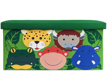 Cofre con asiento para niños Jungle, plegable, incluye bolsa de algodón, caja para juguetes con tapa, almacenamiento de juguetes, caja de almacenamiento para niños