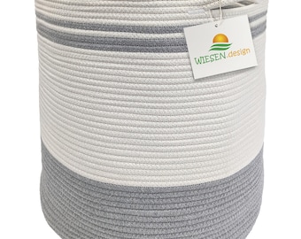 Cesto Ben Ø41xH46cm Cinzento/Branco/61L, Cesto de roupa em algodão trançado, Coletor de roupa, Cesto de armazenamento grande, Cesto trançado