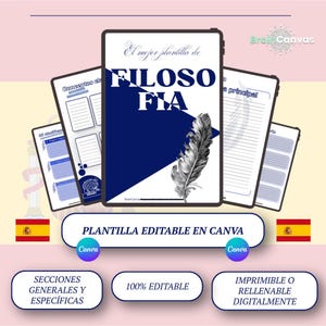 May include: A digital template titled "El mejor plantilla de FILOSOFIA" with a blue and white design, featuring a feather illustration. The image includes the text "PLANTILLA EDITABLE EN CANVA" and other Spanish text, with the Spanish flag.