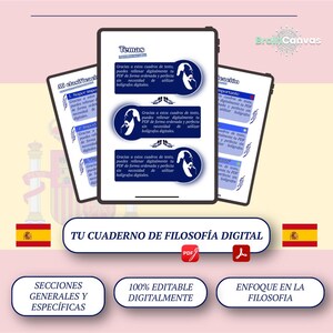 Könnte beinhalten: Ein digitales Philosophie-Notizbuch auf Tablets, mit editierbaren PDF-Formularen. Das Design umfasst spanische Flaggen und Text auf Spanisch, mit Abschnitten für allgemeine und spezifische Themen und Fokus auf Philosophie.