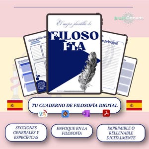 Könnte beinhalten: Digitales Philosophie-Notizbuch mit blau-weißem Cover mit dem Text "FILOSOFIA" und einer Federillustration. Das Notizbuch enthält Abschnitte für allgemeine und spezifische Konzepte, mit Schwerpunkt auf Philosophie, druckbar oder digital ausfüllbar.