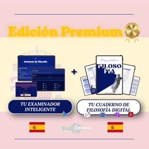 May include: A digital product advertisement with the text "Edición Premium" in yellow. It features a tablet with the text "Asistente de Filosofia" and another tablet with the text "Tu Examinador Inteligente". On the right, a tablet with the text "FILOSOFIA" and "Tu Cuaderno de Filosofía Digital".