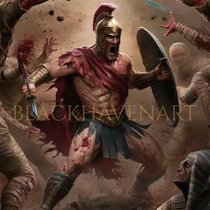 Op de afbeelding: Een gespierde krijger in een rood-gouden helm en harnas vecht tegen een groep mummies. De krijger houdt een schild en een zwaard vast en is bedekt met bloed. De mummies vallen hem aan met hun handen en klauwen. De achtergrond is een stoffig, bruin landschap.