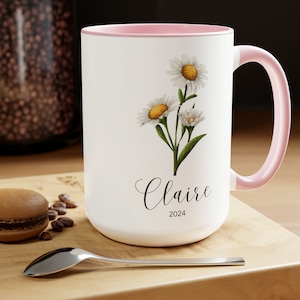 Personalizable Birth Flower Coffee Mug - April/Daisy - Two Tone - 15oz