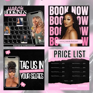 May include: A pink and black social media graphic with the text "March Bookings Now Available!" and a calendar with dates. The graphic also includes the text "Book Now @yourbookingstie".